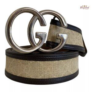Authentic Gucci Beige/Brown GG Canvas Leather Silver GG Buckle Belt Size 105/42